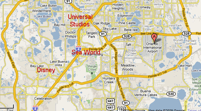 Orlando Florida map of airport distance to Disney, Universal, Sea World and other attractions